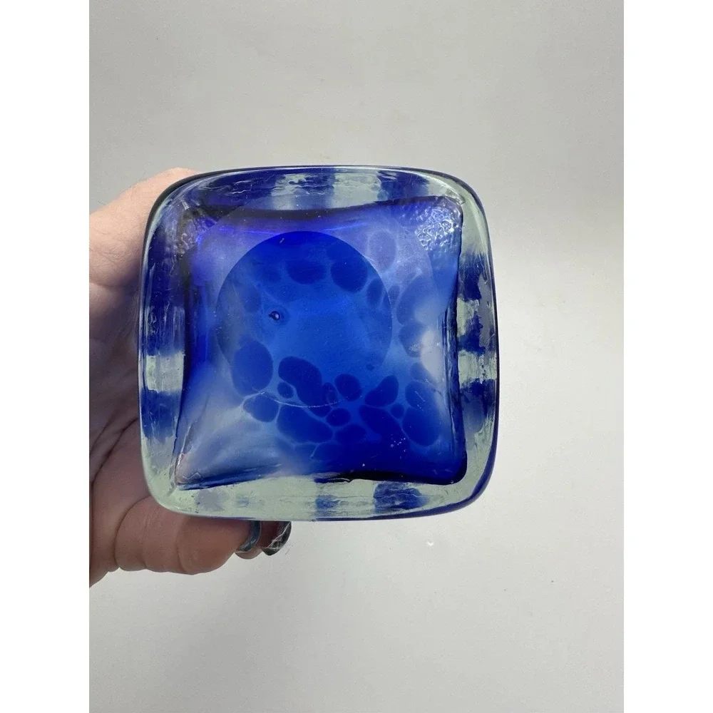Hand Blown Art Glass Vase Blue White Spatter Ruffled Rim Studio Glass - Picture 6 of 10